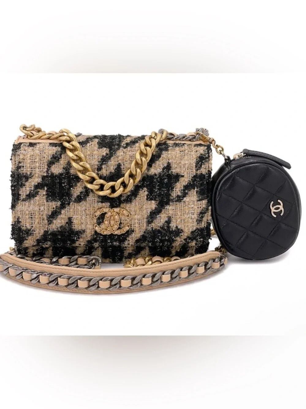 Authentic Chanel 19 CC Round Diamond Quilted Coin Pouch / Bag Charm